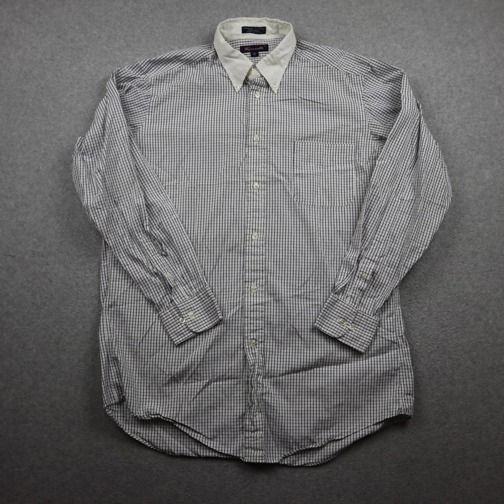 Faconnable Button Down Shirt Mens 16L White Blue Grid Contrast Collar USA Made